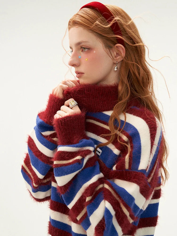 Zipper Half Turtleneck Polo Striped Short Sweater