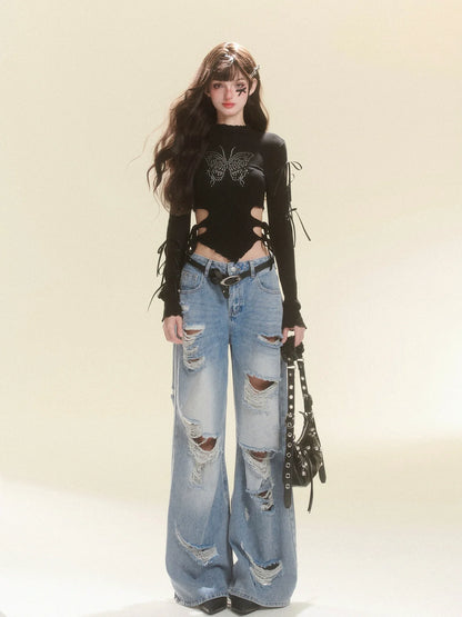 Lange Hose Denim Damaged Wide