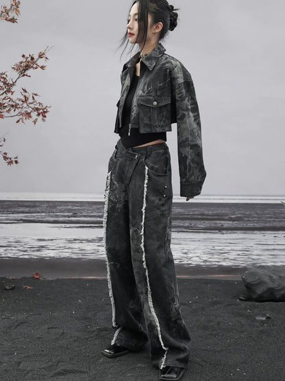 ダークデザインデニム ルーズフリンジ ワイドカットアウトウエスト