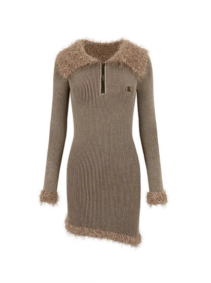 Big Fur Collar Knit Dress