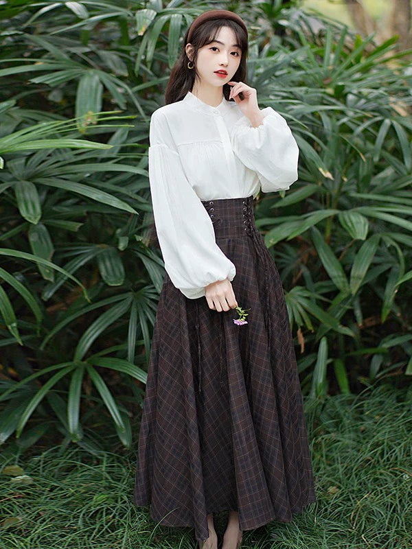 ピュア+スカート ホワイト レースアップ チャックブラウス