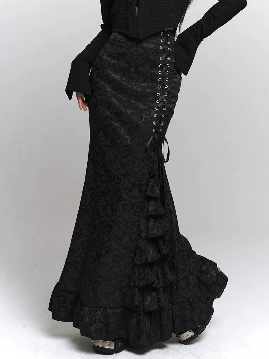 サイドフレアレースアップダークスカートウエストフリル
