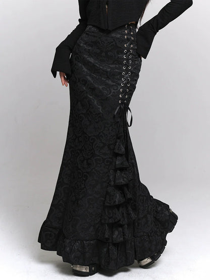 サイドフレアレースアップダークスカートウエストフリル