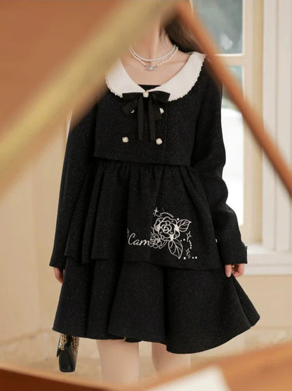 Schwarze Jacke Kleid Duft Farbe Hosenträger Glitter Rose + Perle Anzug Kurz