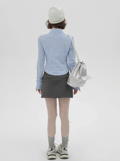 V Neck Shirt Slim Stripe Design Blue