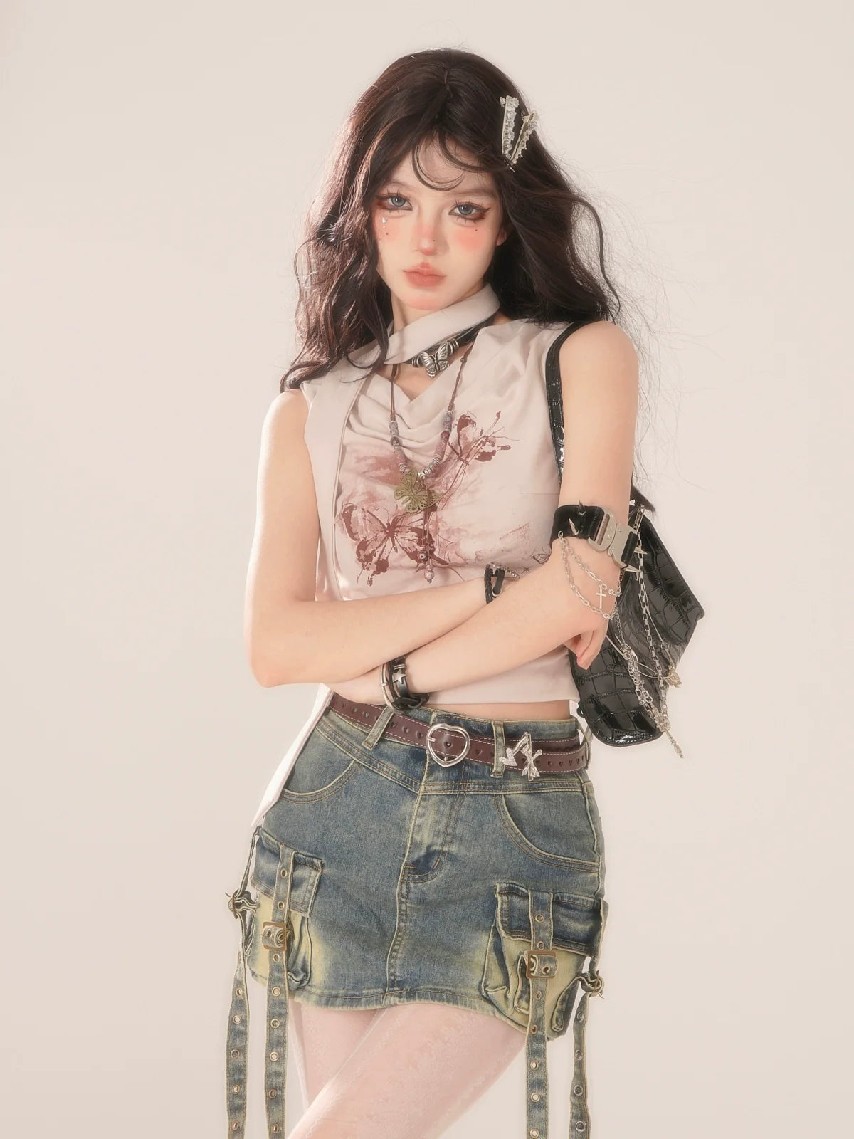 ポケットデニムレトロブルーカーフスカートOsh