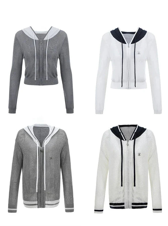 Kurzer/langer Hoodie aus transparentem Netzstrick mit Reißverschluss
