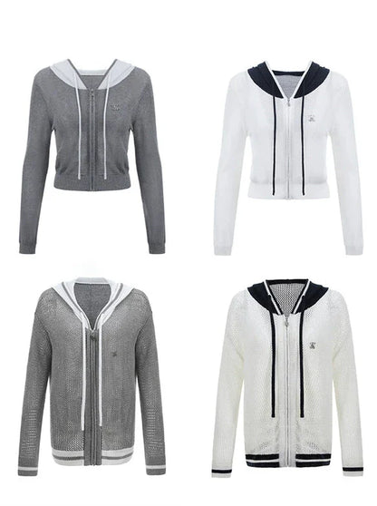 Kurzer/langer Hoodie aus transparentem Netzstrick mit Reißverschluss