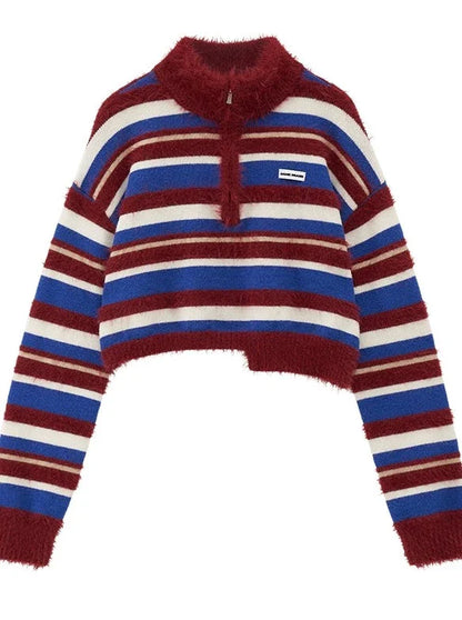 Zipper Half Turtleneck Polo Striped Short Sweater