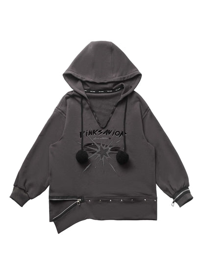 Fur Ball Zip Slit V-Neck Hoodie + Halter Neck Cami Top