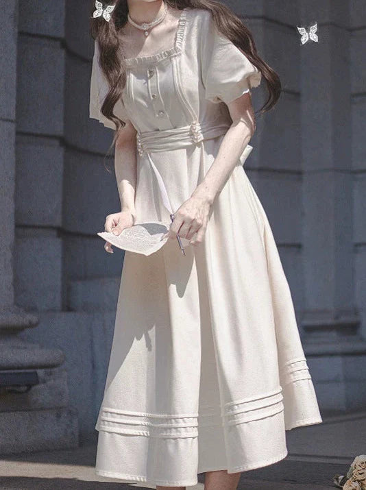 Satin Collar Square Apricot + Belt Retro Pearl Dress French