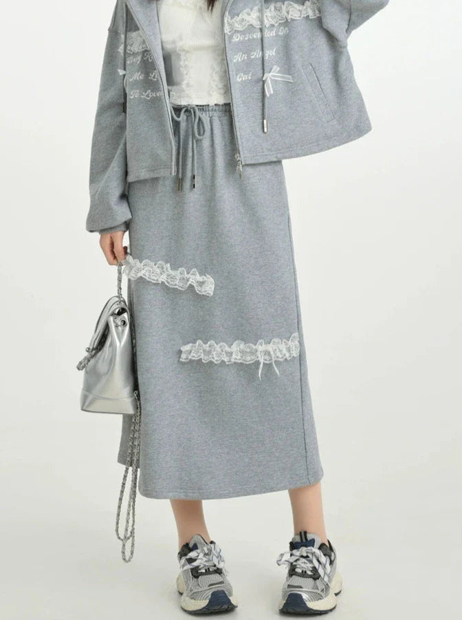 Long Gray Top Lace Hoodie Gray Embroidery Skirt