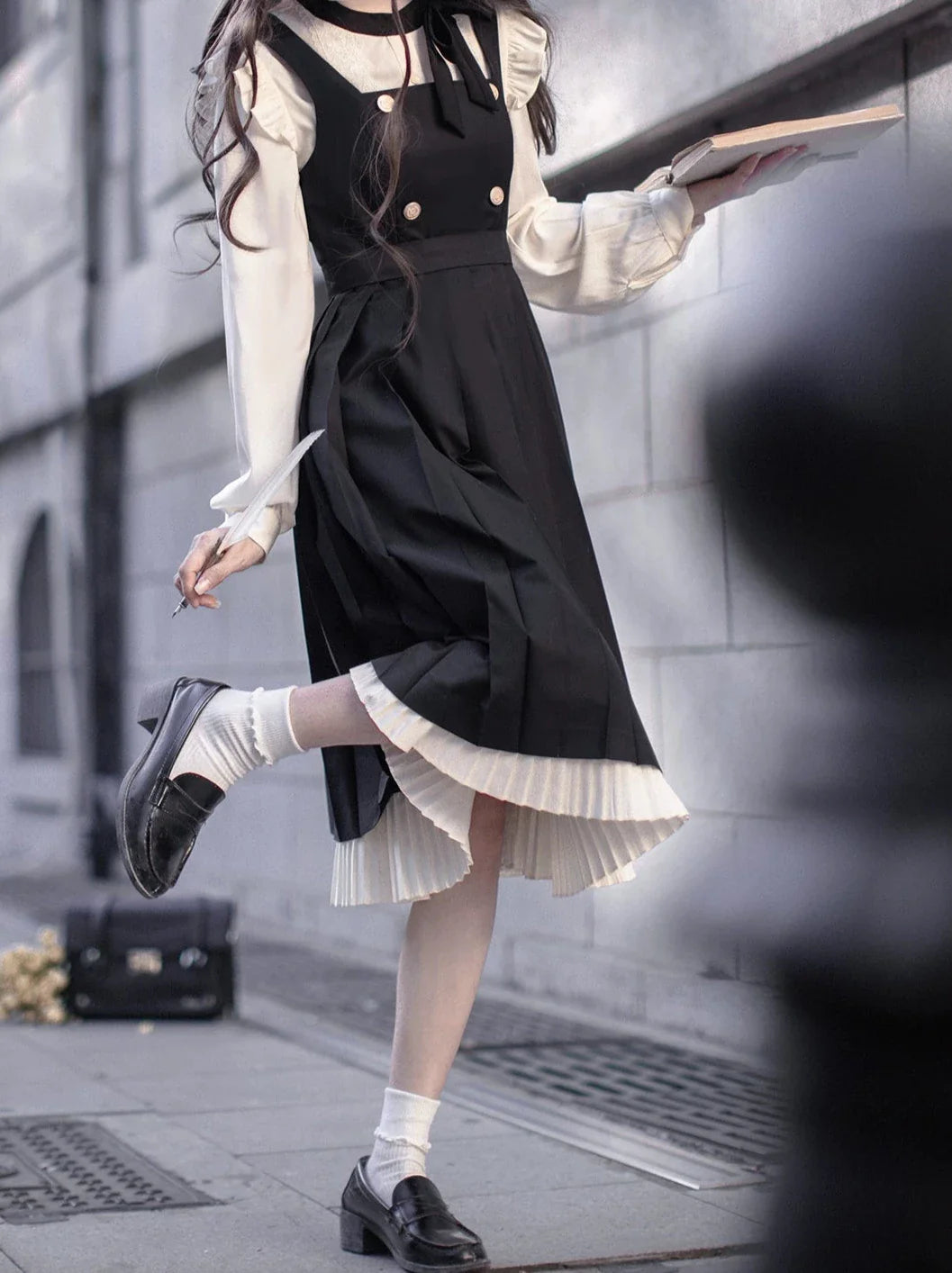 Retro Layered Suspender Dress + Lace College Ribbon + Accessories Shirt Pleated Shoulder Ruffle Elegant