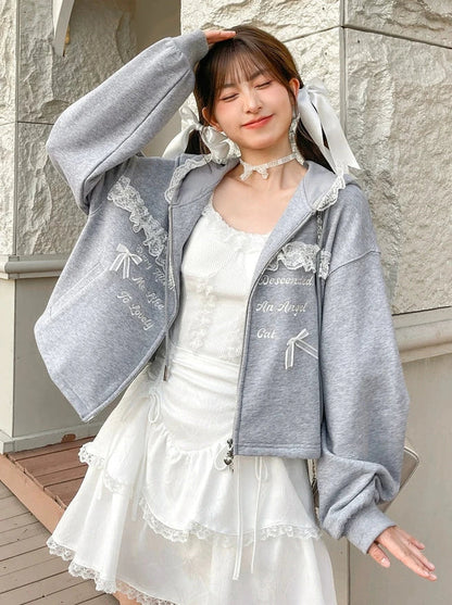 Long Gray Top Lace Hoodie Gray Embroidery Skirt
