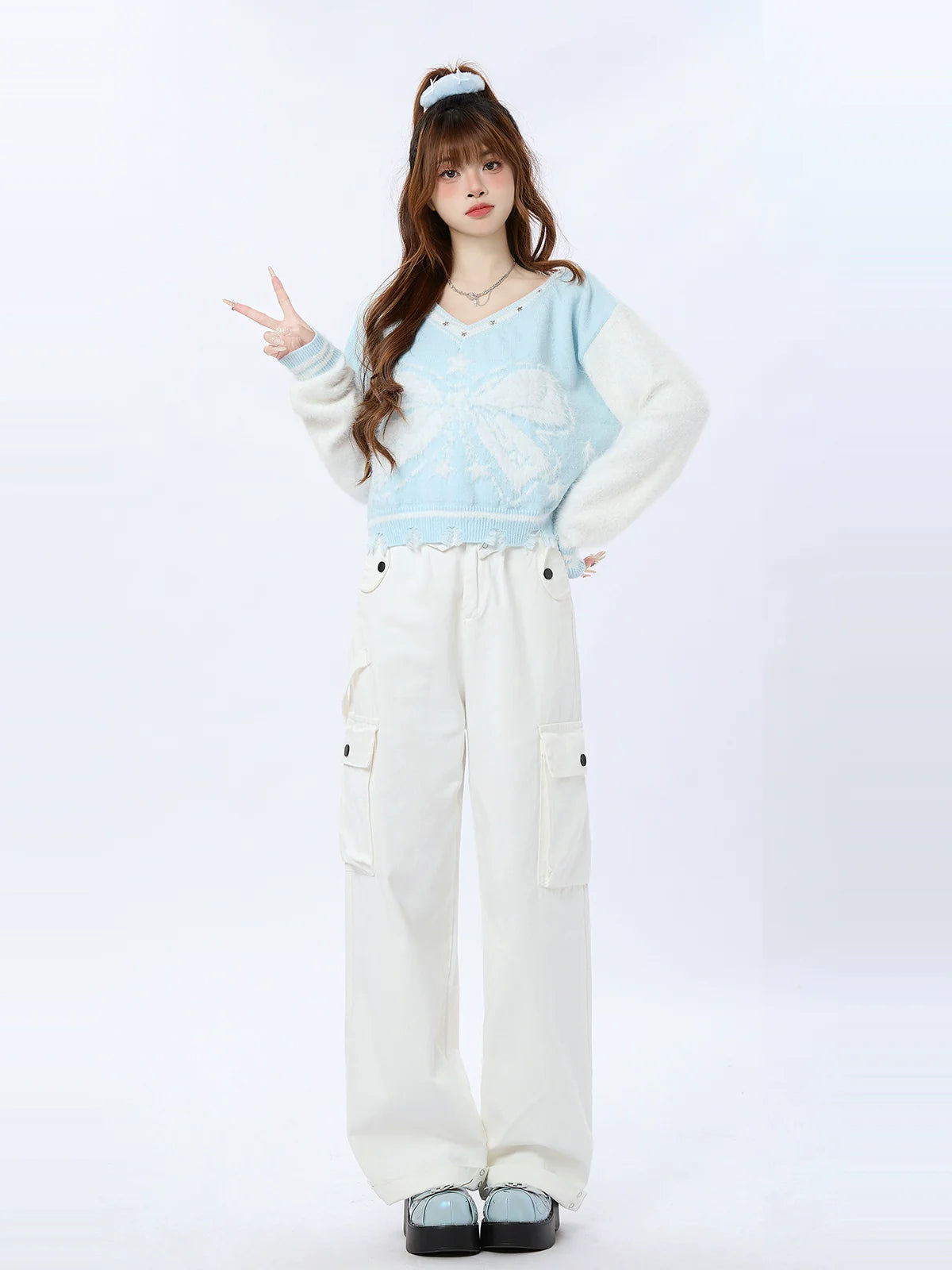 ショートリボンVネックアメリカンカラーブロックニットスター