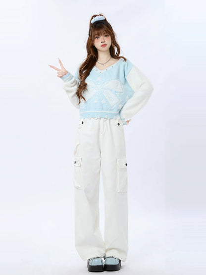 ショートリボンVネックアメリカンカラーブロックニットスター