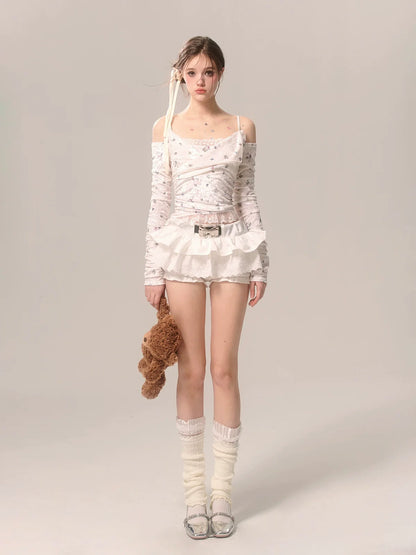 Long Velvet Off-Shoulder Floral Small Lace T Suspender