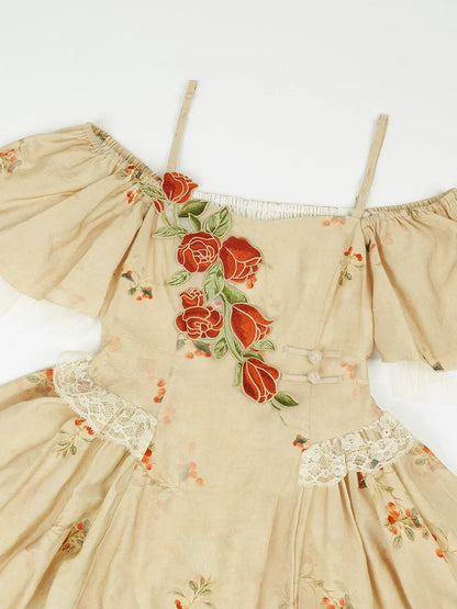 Elegante Träger Quadratischer Kragen Rose Off-the-Shoulder Kleid Unregelmäßig