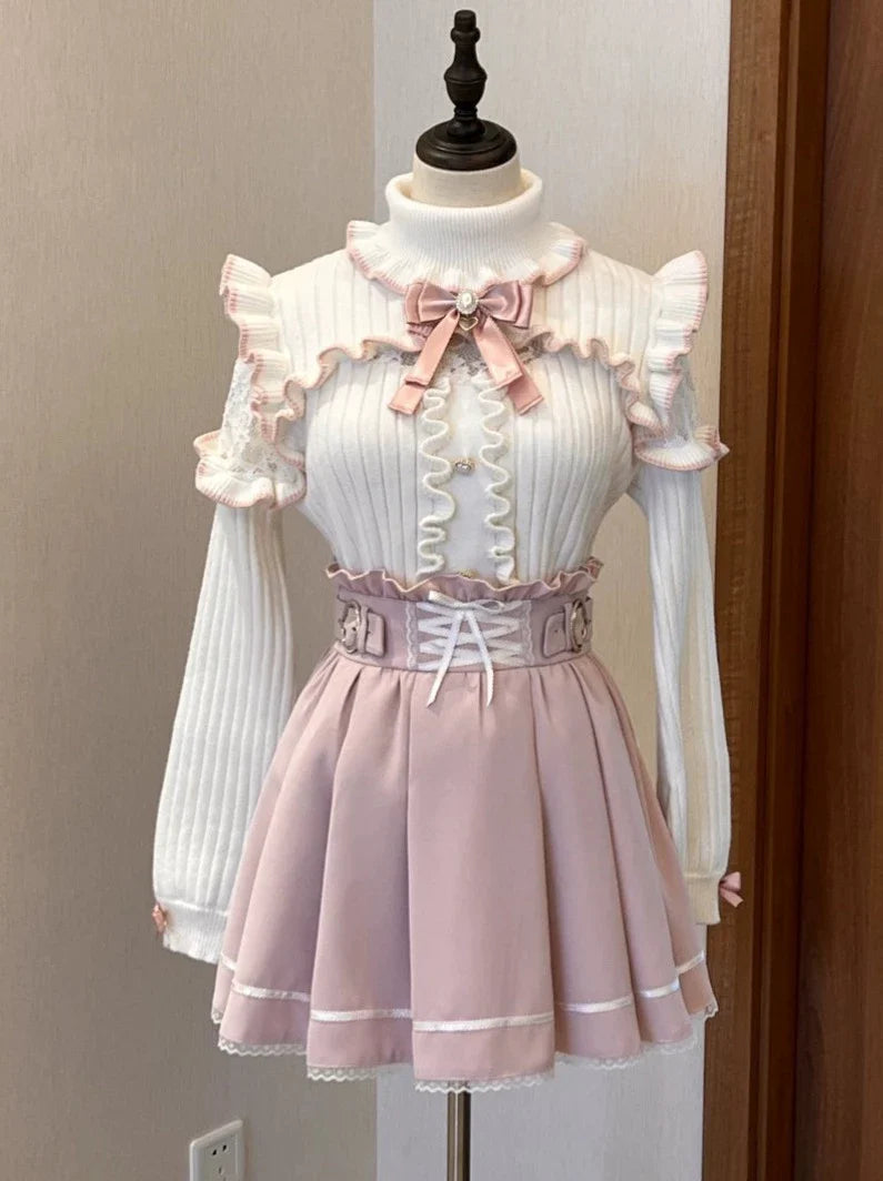 Rollkragen, Spitzenrüschenband, Strick + Race-Up-Rock mit hoher Taille