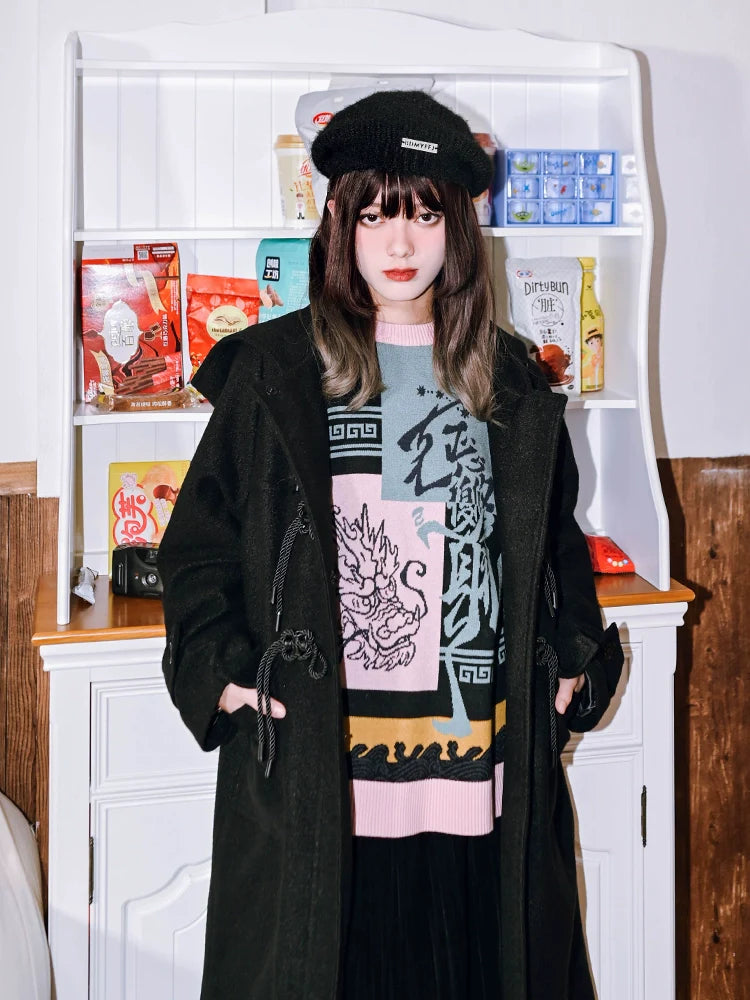 Round Style China Color Neck Knit Loose Contrast New Block