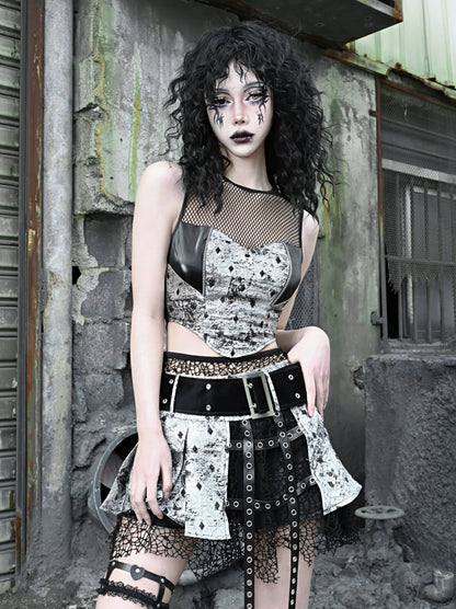 Two Top Mesh Piece Punk PU Liquid Suit Dark Slim