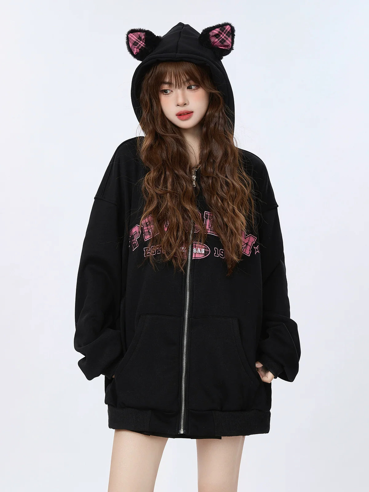 Warmers Ear Velvet Check Sweatjacke Bein Zip Hoodie