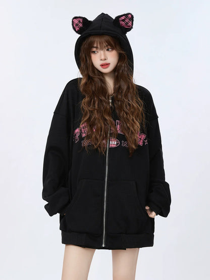 Warmers Ear Velvet Check Sweatjacke Bein Zip Hoodie