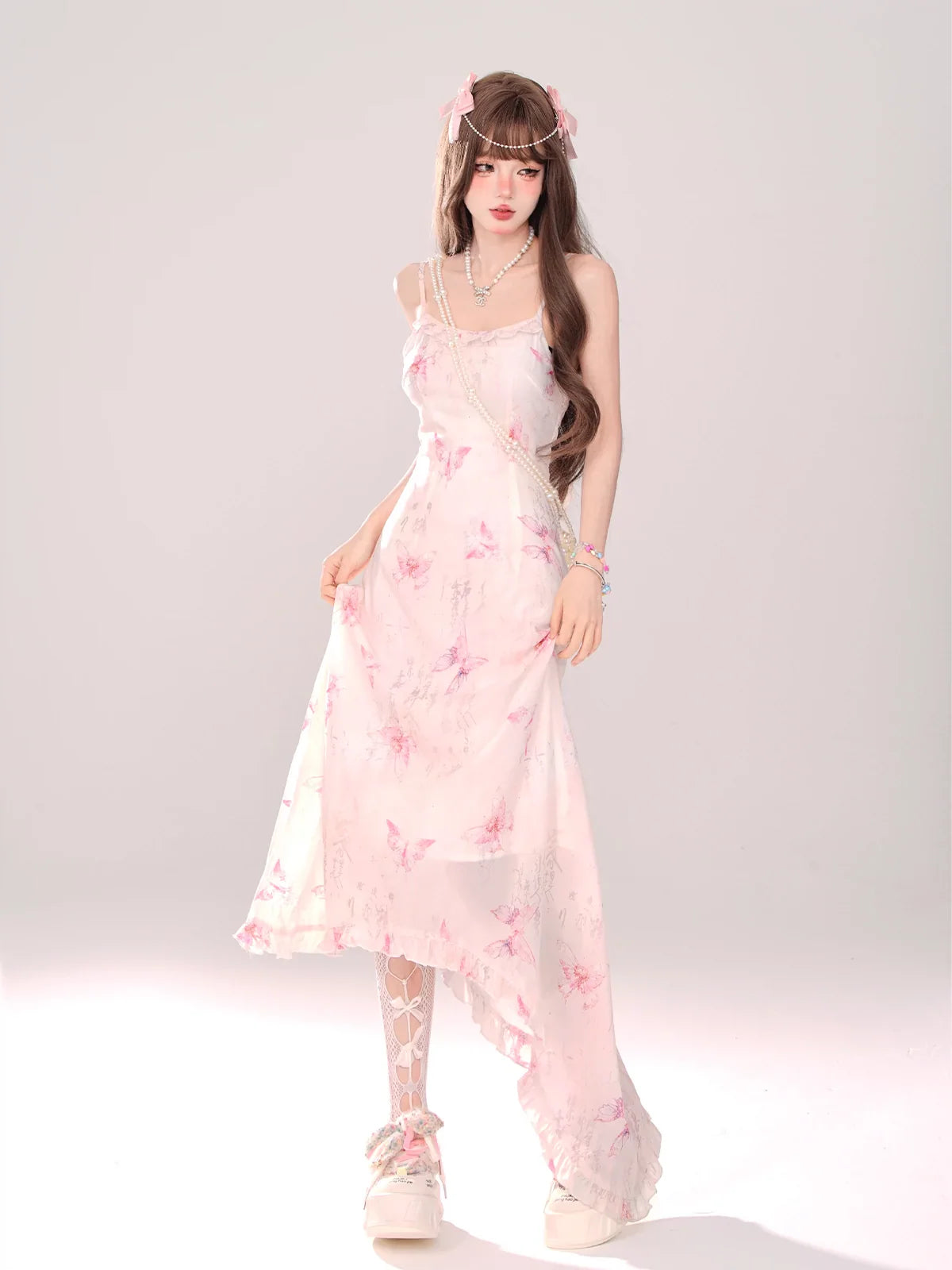 ドレスファン吊り下げ + ピンクニットドリームバタフライシアーカーディガン