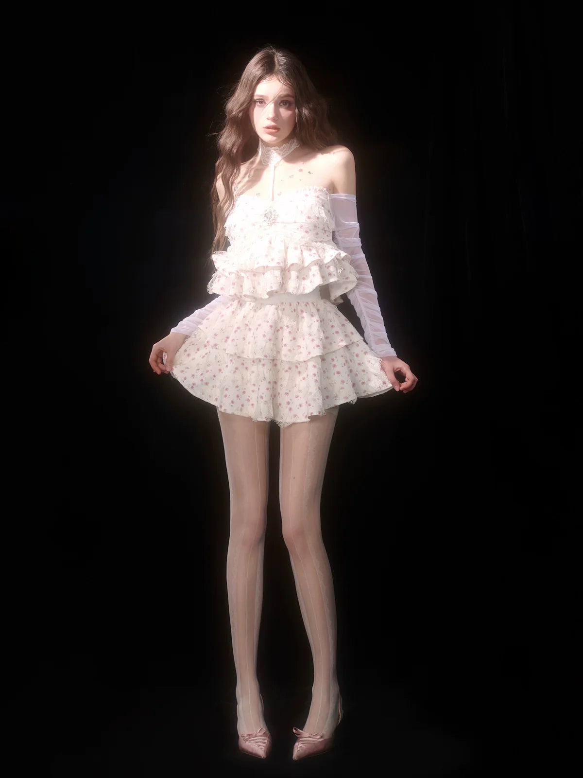 Top French Suit Off-the-shoulder Cake Skirt Flower Halter Tube Fairy + Apricot