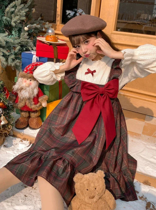 チェックフリルビッグリボンドレス