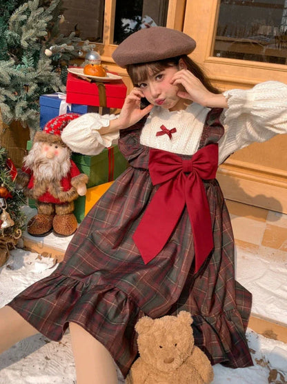 チェックフリルビッグリボンドレス