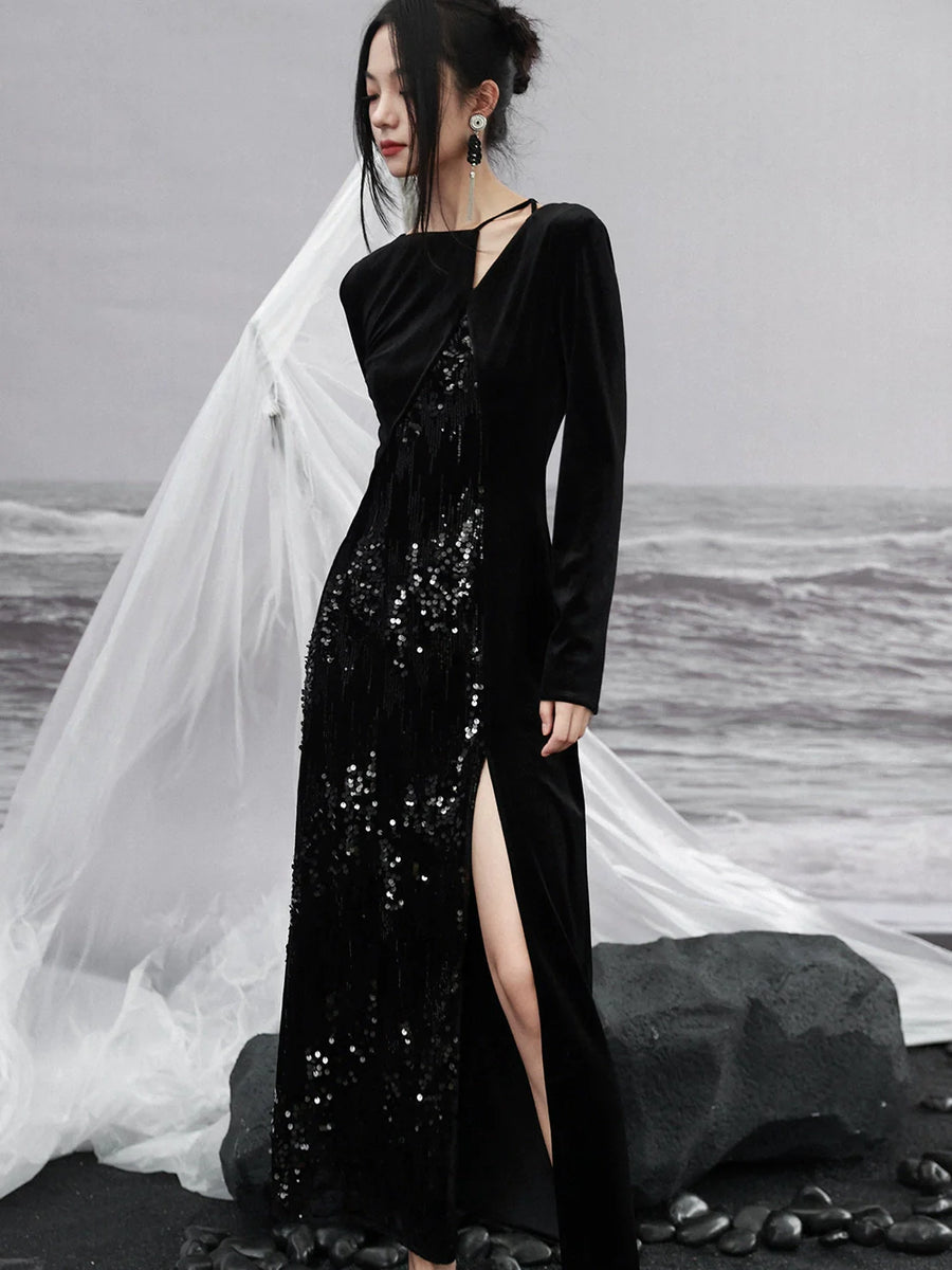 Robe Niche Fendue Paillettes Design Velours