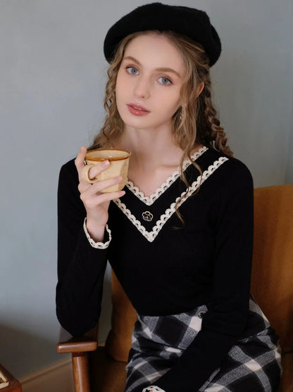 Retro French Top V-Ausschnitt Spitze