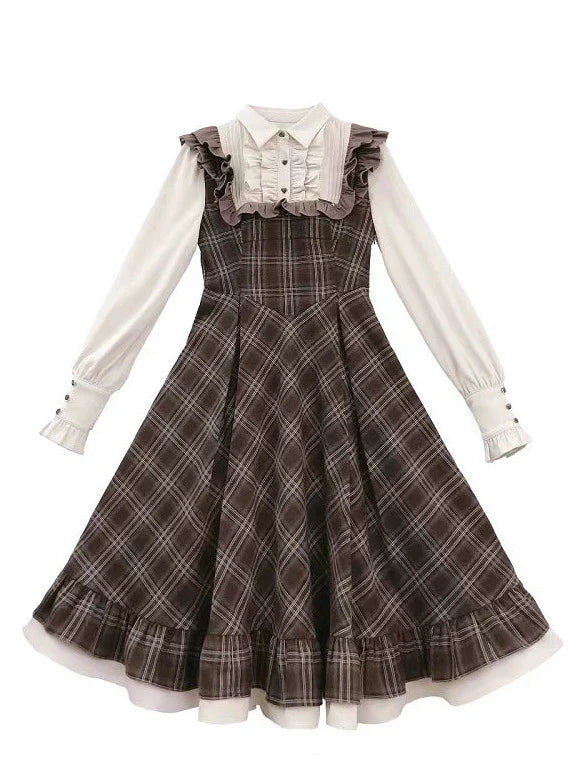 Sleeveless Coat Belt  Ribbon Classic Layered Accessory Dress Brown Check Retro Pearl Volume