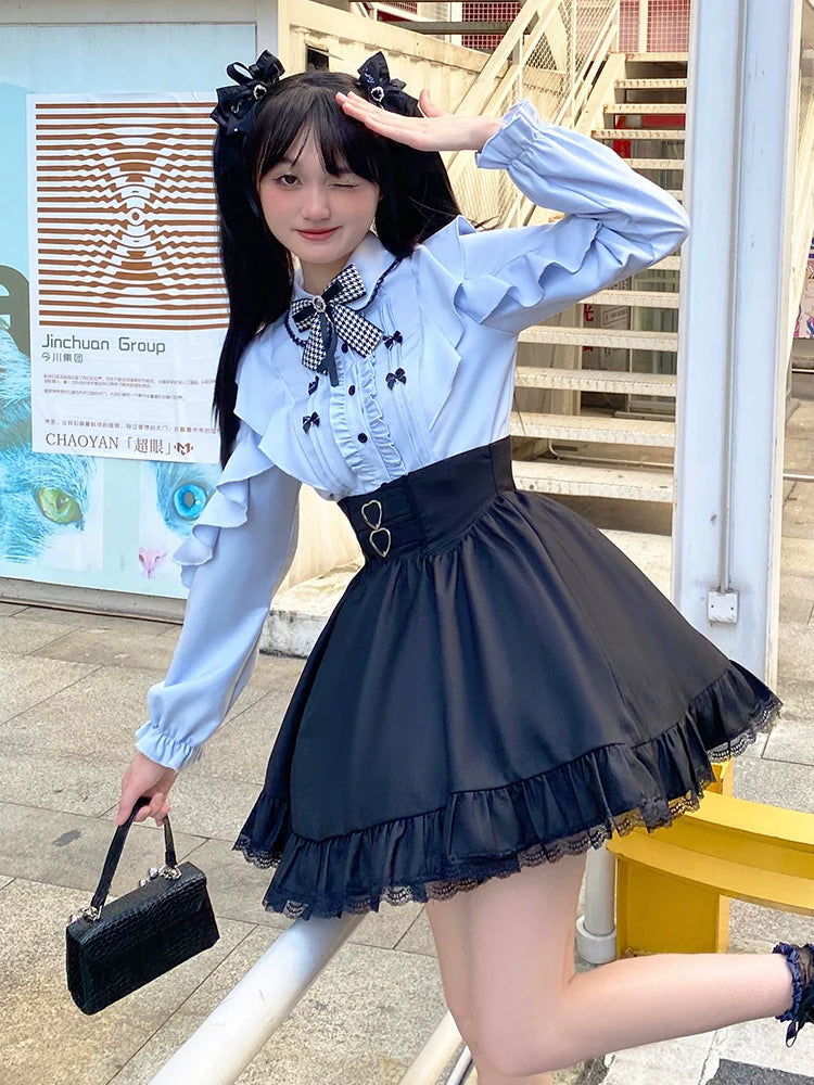 Hoch ausgestelltes Blau + Taillenbluse Süßer Rock