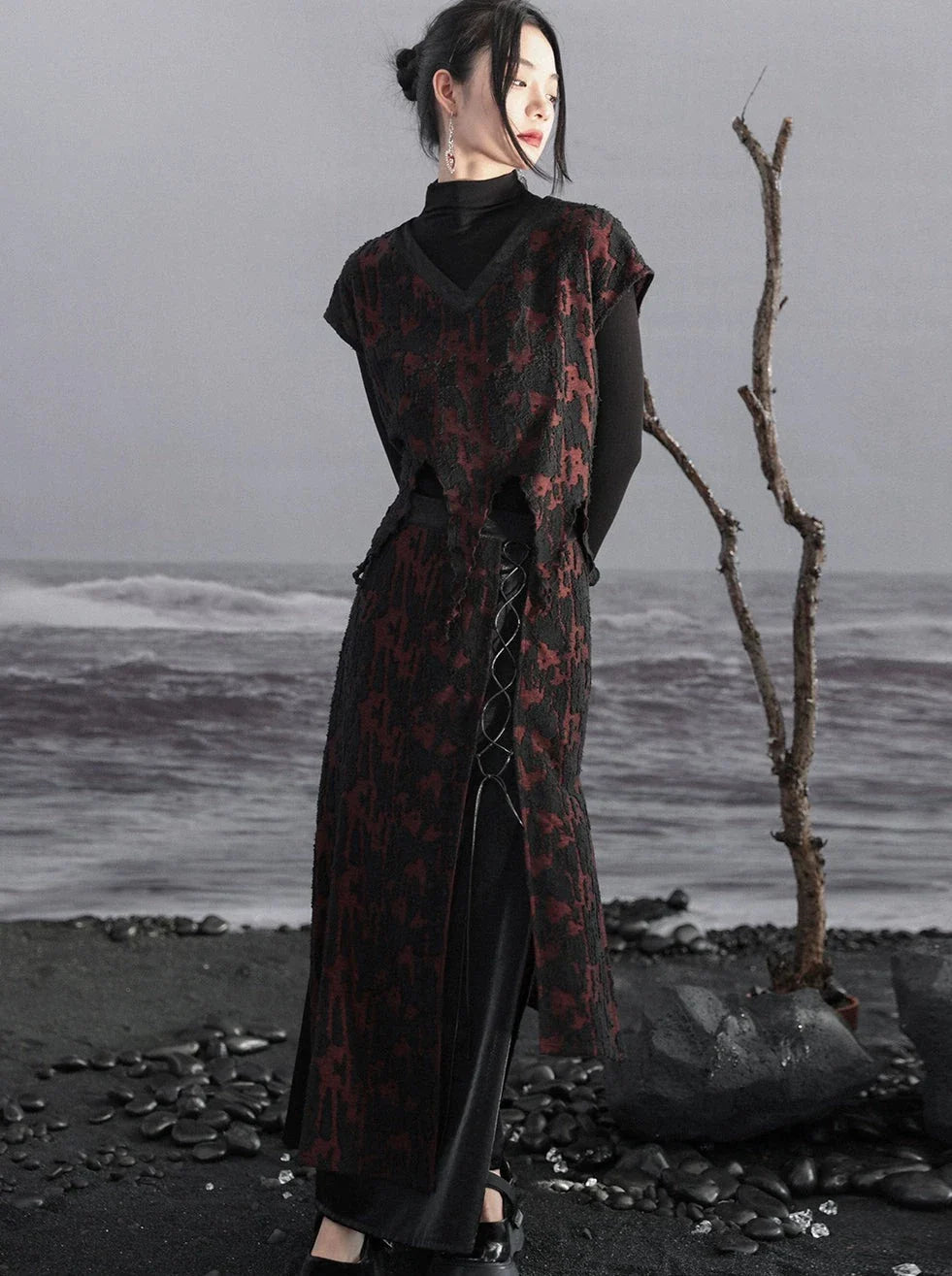 パッチワークダークスカートレトロニット