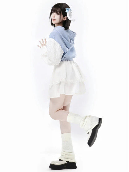 Sleeve Knit Hoodie Short White Little Dog 3D