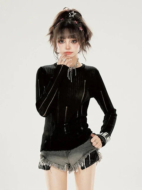 Schmaler Halsausschnitt, Bodenrippin-Strick, unregelmäßiges Sommeroberteil