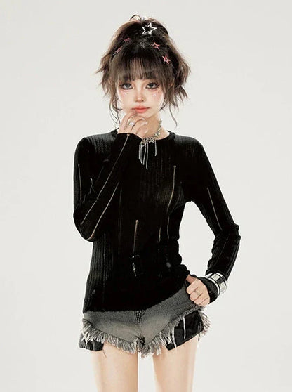 Schmaler Halsausschnitt, Bodenrippin-Strick, unregelmäßiges Sommeroberteil