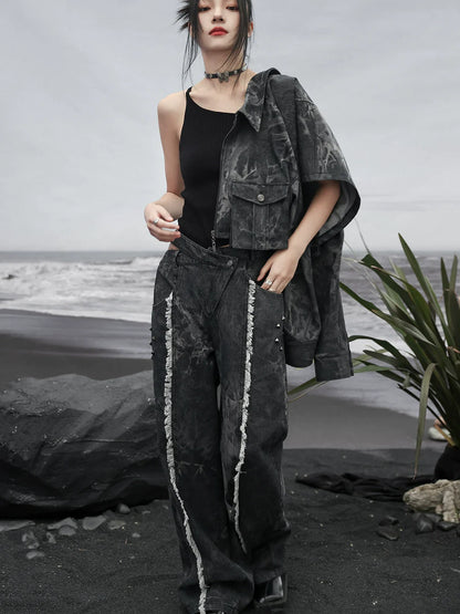 ダークデザインデニム ルーズフリンジ ワイドカットアウトウエスト