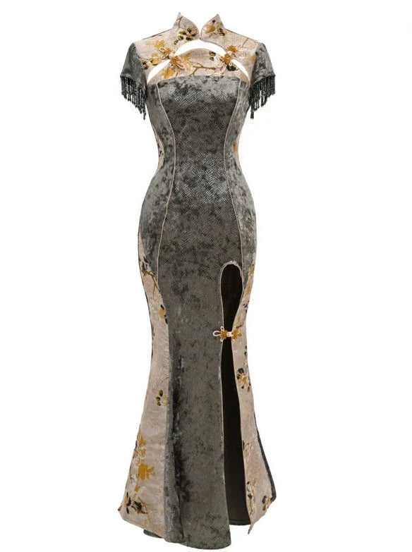 Kleid Meerjungfrau Lang Festival Drachen Chinesisch Schlitz Schnalle Schlank