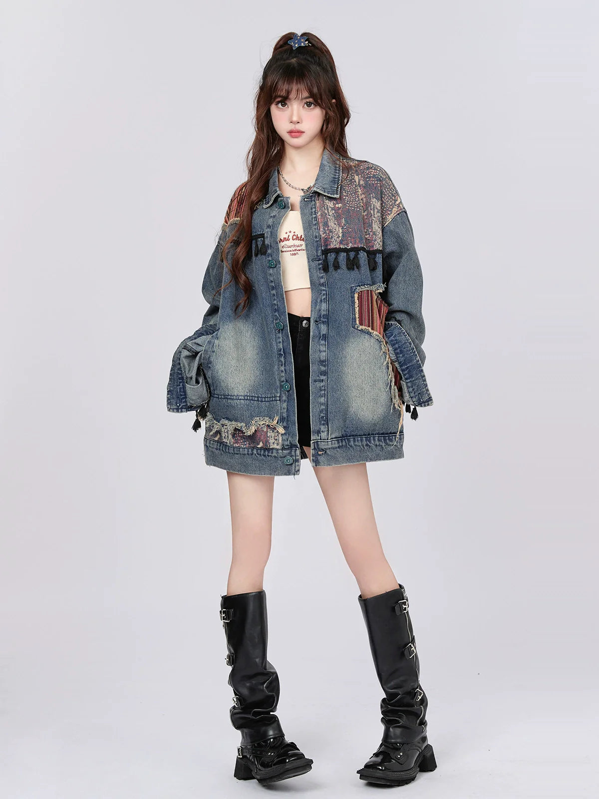 Jacket Retro Denim Ethnic Spliced