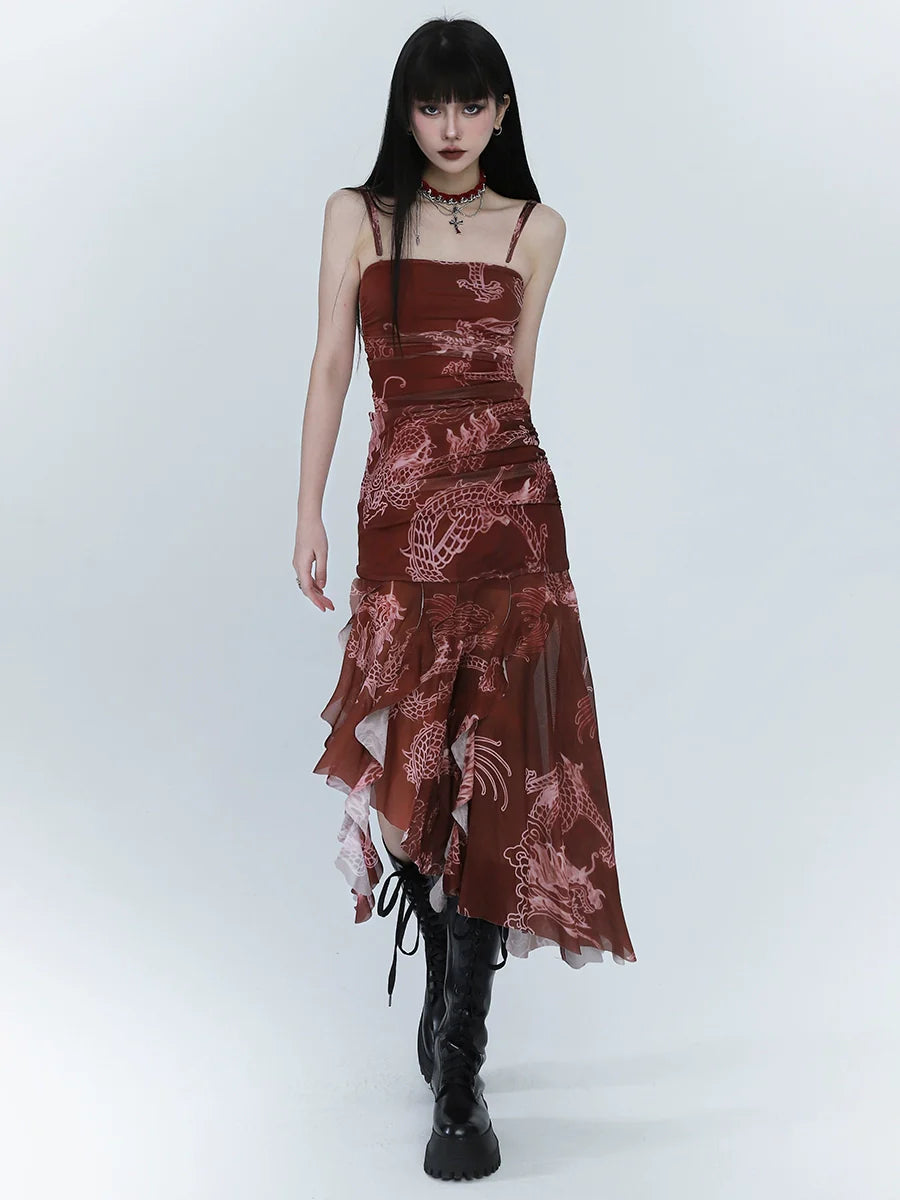 Robe d'été asymétrique caraco rouge foncé