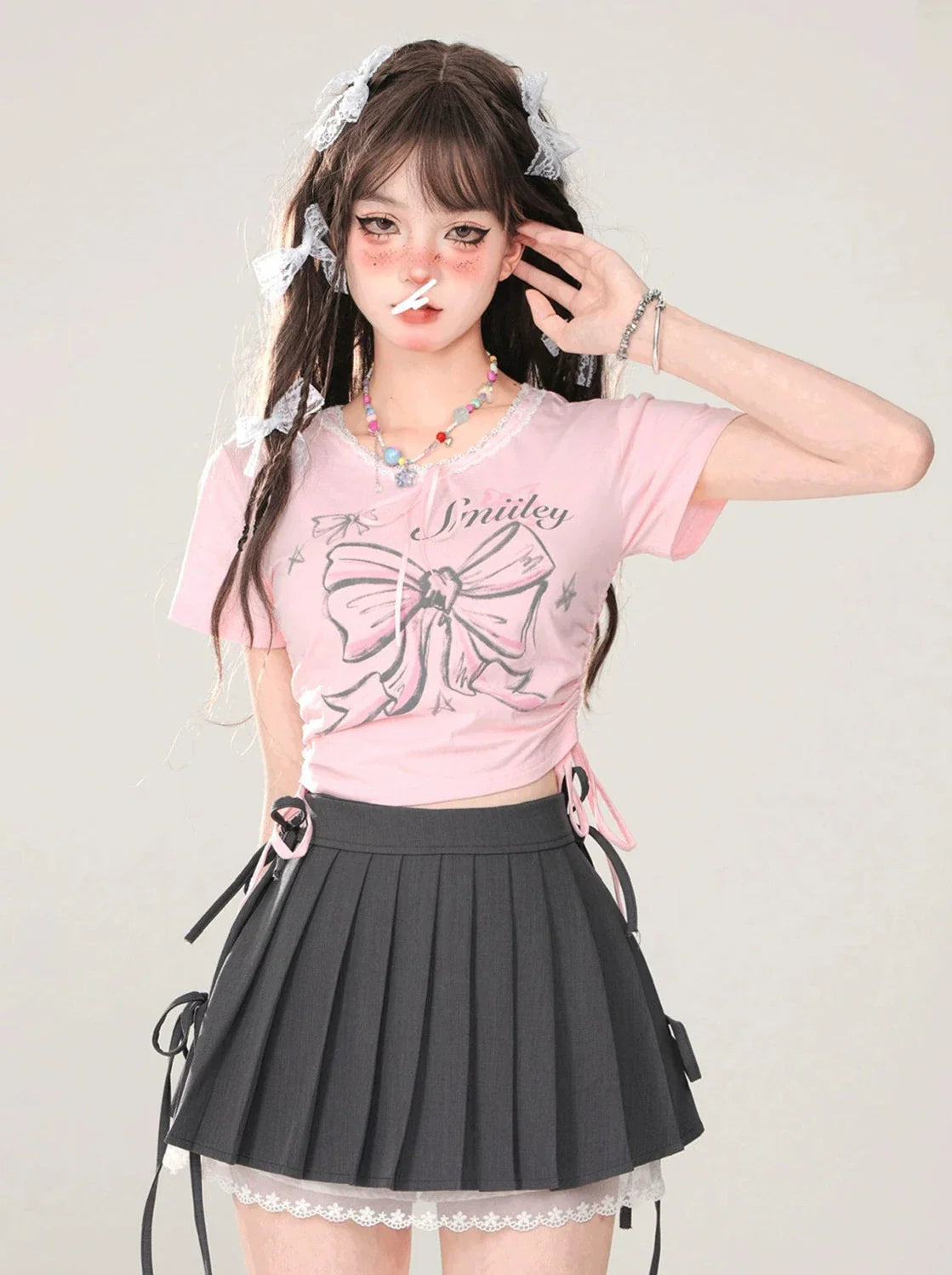T-Shirt Slim Ribbon Short Lace Drawstring Pink