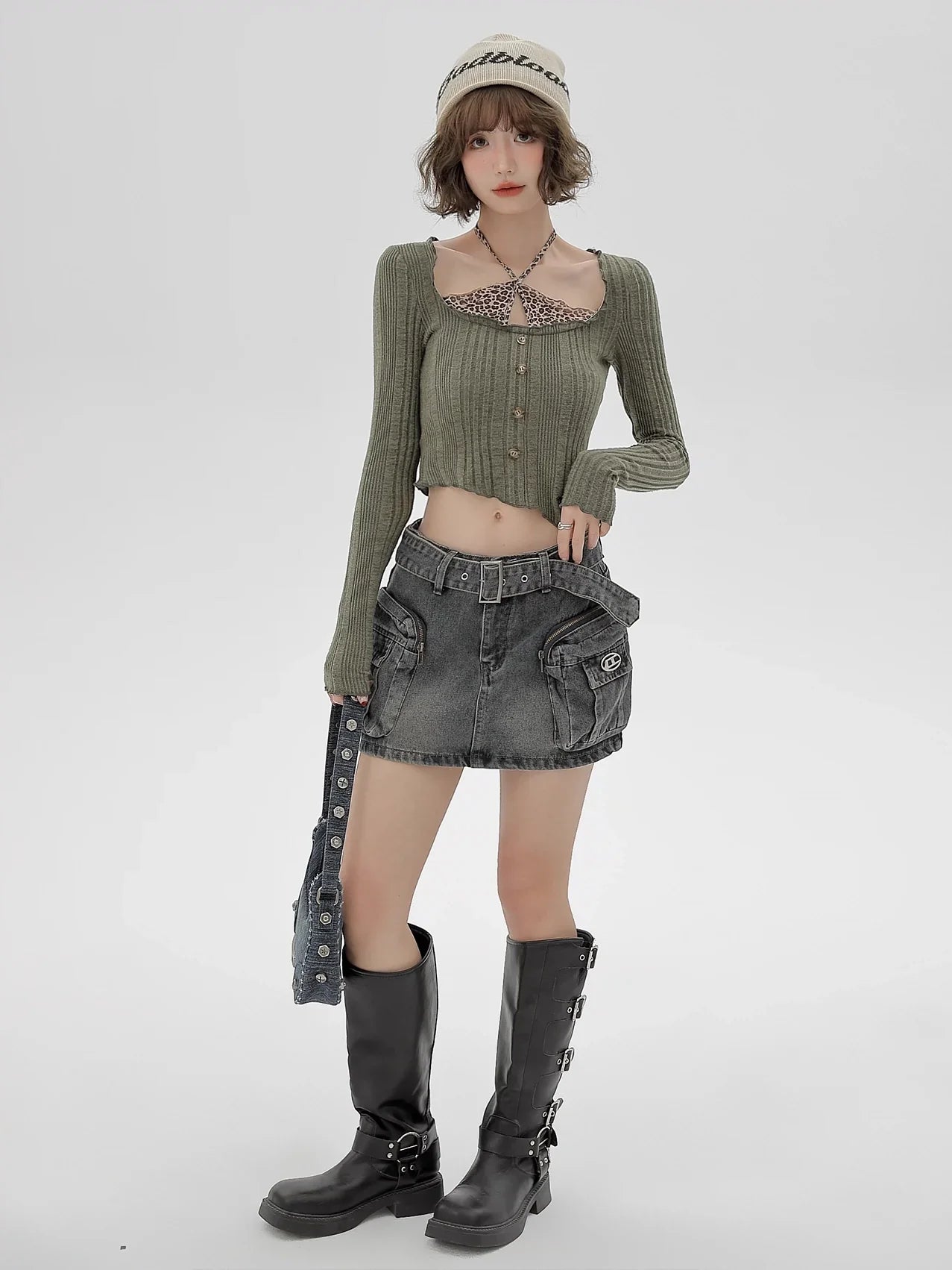 Piece Top Leopard Kontrast Kurz Schlank Zweifarbig Hals Faux Neckholder