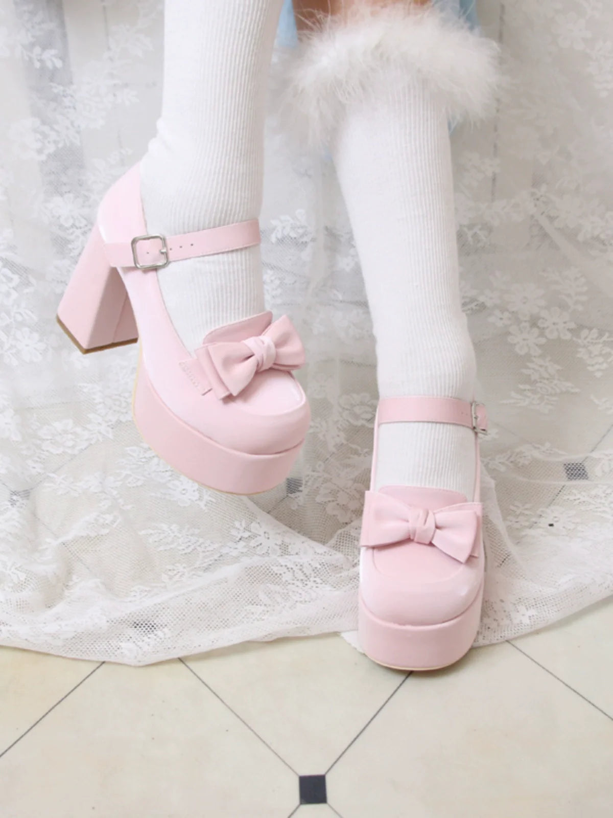 Lolita Single Heel Round High Ribbon Toe
