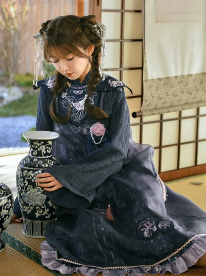 Bell-sleeved Shirt + Shoulder Tulle Bag Skirt Layered Set-up Ribbon Dress Chinese