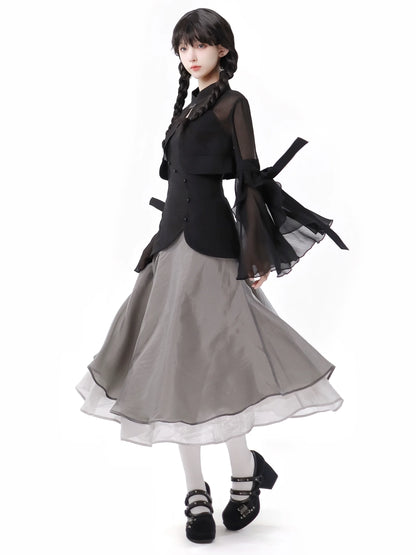 シャツトップドレス カリグラフィー シフォンサスペンダー シフォンスカート