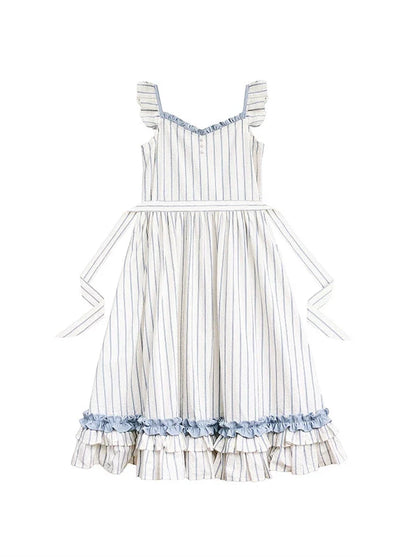 レースハンドメイドスリーブパフシースルーシャツフリルストライプショルダーフェアリー+ドレスインナーコサージュ