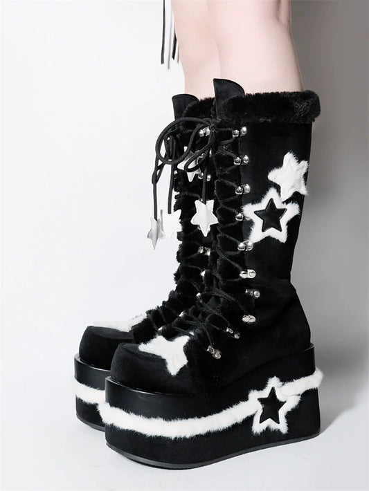 Y2K Subculture Boots Platform Mid Velvet Star